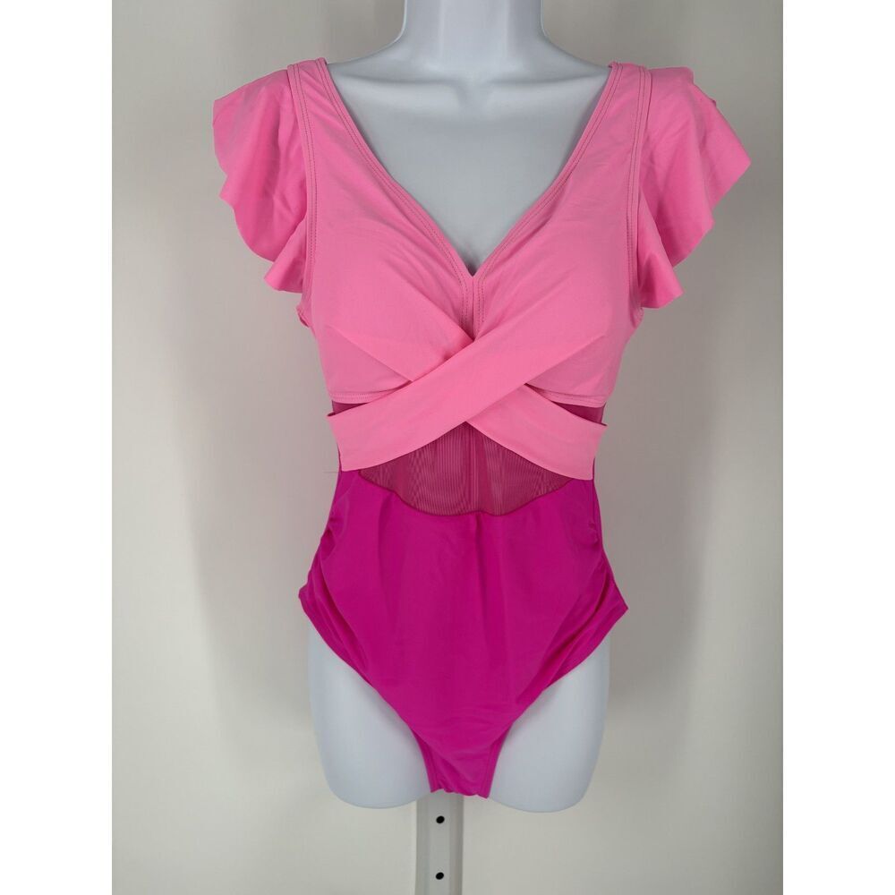 Pink Ombre One-Piece Swimsuit | Ruffle Sleeve V-Neck Cutout Monokini